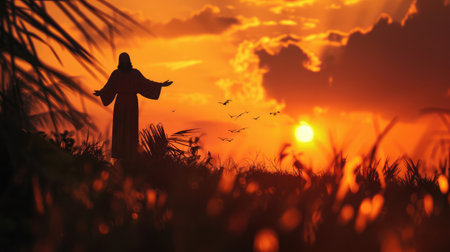 Silhouette Jesus and the sunsetの素材