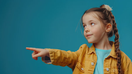 Portrait, pointing and mockup with a girl on a blue background in studio showing product placement space. Kids, marketing and advertising with an adorable female child indoor to point at brandingの素材