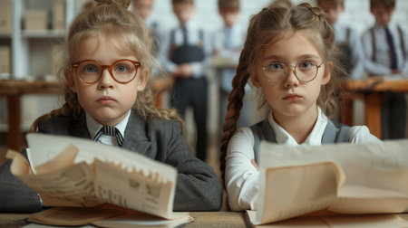 Portrait of two diligent girls looking at camera at workplace with schoolboys on backgroundの素材