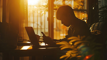 Silhouette of cropped shot of a young man working from home using smart phone and notebook computer, man's hands using smart phone in interior, man at his workplace using technology, flare lightの素材
