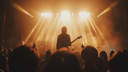 silhouettes of concert crowd in front of bright stage lightsの素材