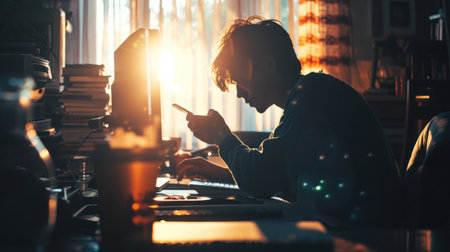 Silhouette of cropped shot of a young man working from home using smart phone and notebook computer, man's hands using smart phone in interior, man at his workplace using technology, flare lightの素材