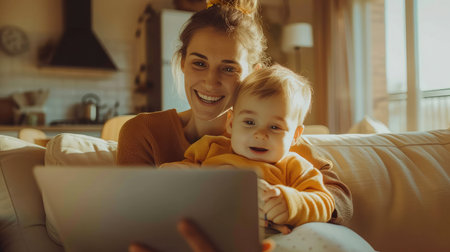 Smiling mom working at home with her child on the sofa while writing an email. Young woman working from home, while in quarantine isolation duringの素材