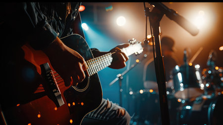 Stage lights.Abstract musical background.Playing guitar and concert concept.Live music background.Music festival.Instrument on stage and bandの素材
