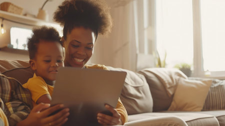 Smiling mom working at home with her child on the sofa while writing an email. Young woman working from home, while in quarantine isolation duringの素材
