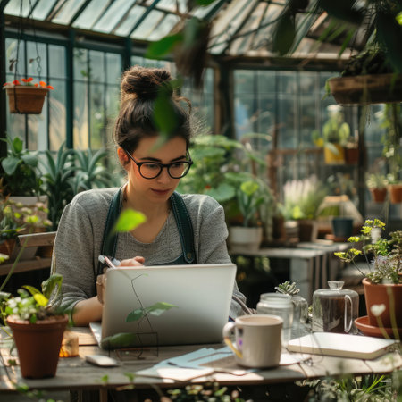 Young female gardener in glasses using laptop, communicates on internet with customer in home garden/greenhouse, reusable coffee tea mug on table.Cozy office workplace, remote work, E learningの素材