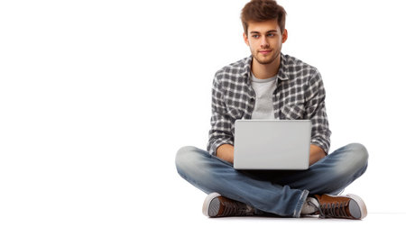 Successful caucasian young man student freelancer using laptop, watching webinars, working remotely, e-learning e-commerce online isolated in white backgroundの素材
