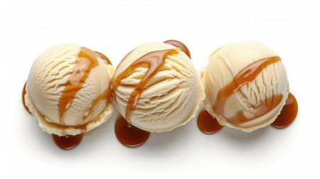 vanilla ice cream with caramel sauce isolated on white background, top viewの素材