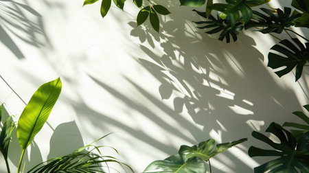 Tropical leaves natural shadow overlay on white texture background, for overlay on product presentation, backdrop and mockup, summer seasonal conceptの素材