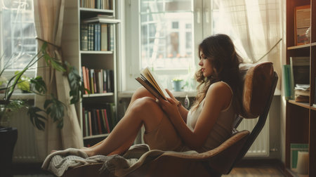 Young woman at home sitting on modern chair in front of window relaxing in her living room reading book, instagram toningの素材