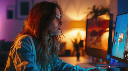 Beautiful Female Video Editor Works with Footage on Her Personal Computer She Works in Creative Office Studioの素材