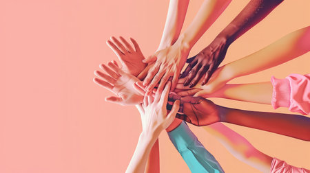 Panoramic Teamwork, empathy, partnership and Social connection in business join hand together concept. Hand of diverse people connecting. Power of volunteer charity work, Stack of peopleの素材