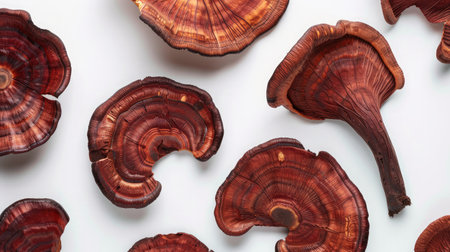 Flat lay of Red Reishi Mushroom isolated on whiteの素材