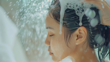 Woman washing hair with shampoo and shower in bathroom Asian female body and hair care with foam to freshness Spa and Health careの素材