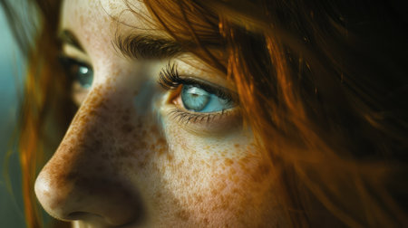 woman with freckles and blue eyes is facing one direction, close up, photo taken with proviaの素材