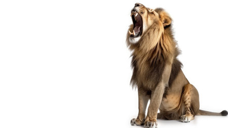 Lion sitting, roaring, Panthera Leo, isolated on white --ar 16:9 --v 6 Job ID: ea2ee2a9-7b3f-4791-b983-3e9bd6983fd9の素材