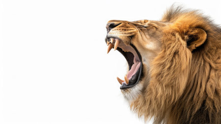 Close-up of a Lion roaring, isolated on whiteの素材