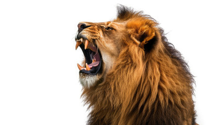Close-up of a Lion roaring, isolated on whiteの素材