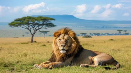 Big lion lying on savannah grass. Landscape with characteristic trees on the plain and hills in the backgroundの素材
