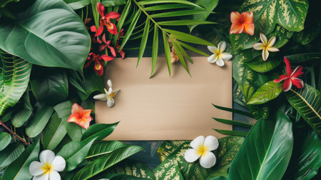 top view of blank card with tropical leaves and frangipani flowersの素材