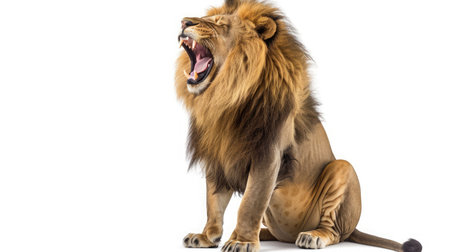 Lion sitting, roaring, Panthera Leo, isolated on whiteの素材