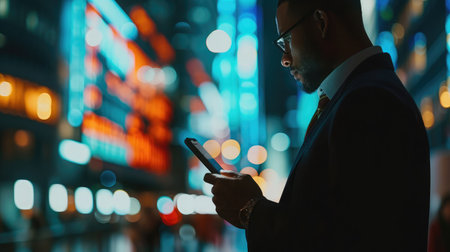 A businessman using a mobile device to check market data.の素材
