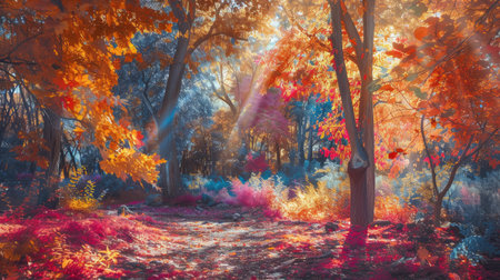 Autumn forest nature. Vivid morning in colorful forest with sun rays through branches of trees. Scenery of nature with sunlightの素材