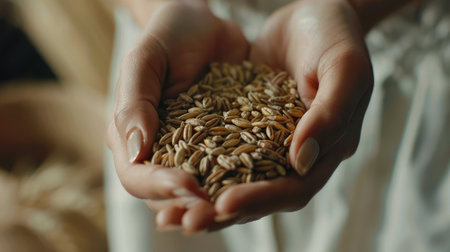 Close up of woman hands holding wheat grains, factory engineer quality control in mill flour.の素材