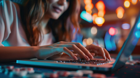 Close up cropped photo of girl hands using her laptop for playing poker online.の素材