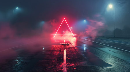 Background of empty street at night, neon light, asphalt, concrete, smoke, smog. Abstract light element in the center, light triangle.の素材