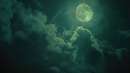 Dramatic photo illustration of a nighttime sky with brightly lit clouds and large, bright full moon would make a great background.の素材