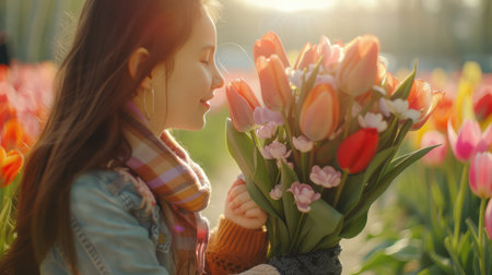 happy mother's day! child daughter congratulates mother and gives a bouquet of flowers to tulipsの素材