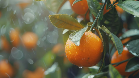 Fresh orange fruit on tree at orchardの素材