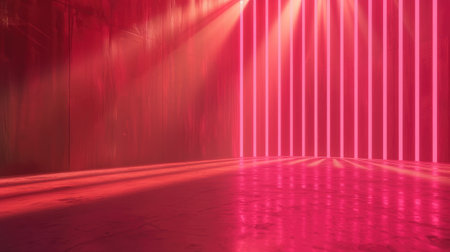 Product showcase spotlight background. Background wall with neon lines and rays.の素材