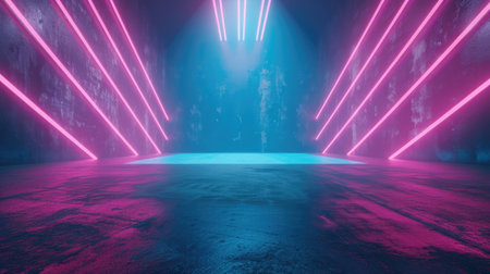 Product showcase spotlight background. Background wall with neon lines and rays.の素材