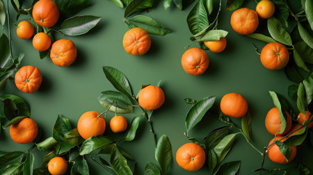 Stem Leaf Mandarin Oranges on a Green Backgroundの素材