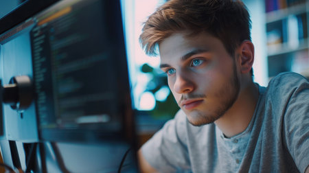Young employee looking at computer monitor during working day in officeの素材