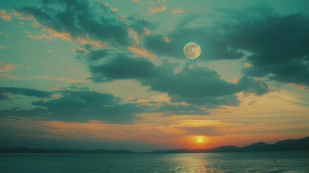 Super moon. Colorful sky with cloud and bright full moon over seascape in the evening. Serenity nature background, outdoor at nighttime. Cross process. The moon takenの素材
