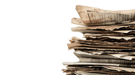 Pile of old newspapers isolated on a white backgroundの素材