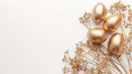 Stylish golden eggs easter concept. Easter gold eggs with golden dried flax linum bunch white background. Flat lay trendy easter. Happy easter card. Copy space for textの素材