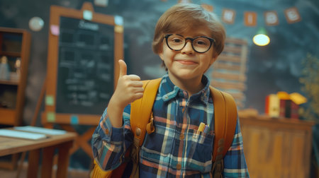 Happy smiling boy in glasses with thumb up is going to school for the first time. Child with school bag and book. Kid indoors of the class room with blackboard on a background. Back to school.の素材