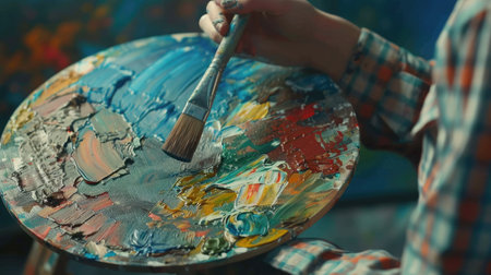 artist brush mix color oil painting on palette is holding in his hand closeup --ar 16:9 --v 6 Job ID: 4dbf0da8-cbb1-4e1f-bbd0-d3fc79385f7dの素材