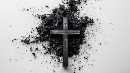 funeral, liturgy, religious ceremony concept. Ashes cross on white backgroundの素材