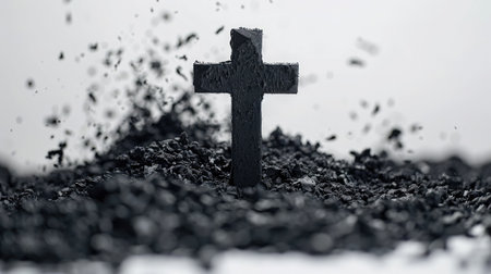 funeral, liturgy, religious ceremony concept. Ashes cross on white backgroundの素材