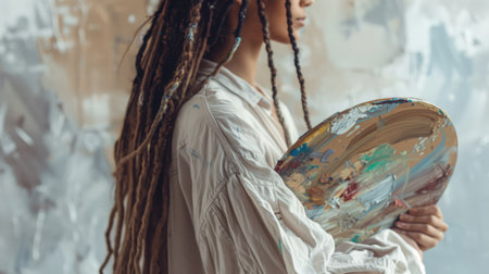 Crop unrecognizable female painter with long deadlocks holding palette while painting in creative studioの素材