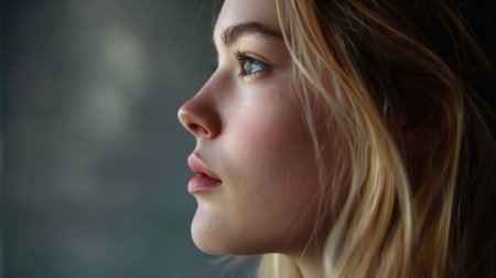 Young woman profile portrait, over grey background. Beauty female, model girl face close-up. Aesthetic medicine. Blonde model with perfect skinの素材