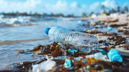 Plastic water bottles pollution in ocean Environment conceptの素材