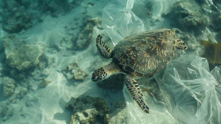 Plastic pollution in ocean environmental problem. Turtles can eat plastic bags mistaking them for jellyfishの素材