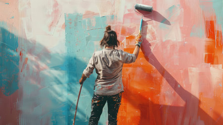 painting a wall with rollerの素材