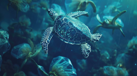 Plastic pollution in ocean environmental problem. Turtles can eat plastic bags mistaking them for jellyfishの素材